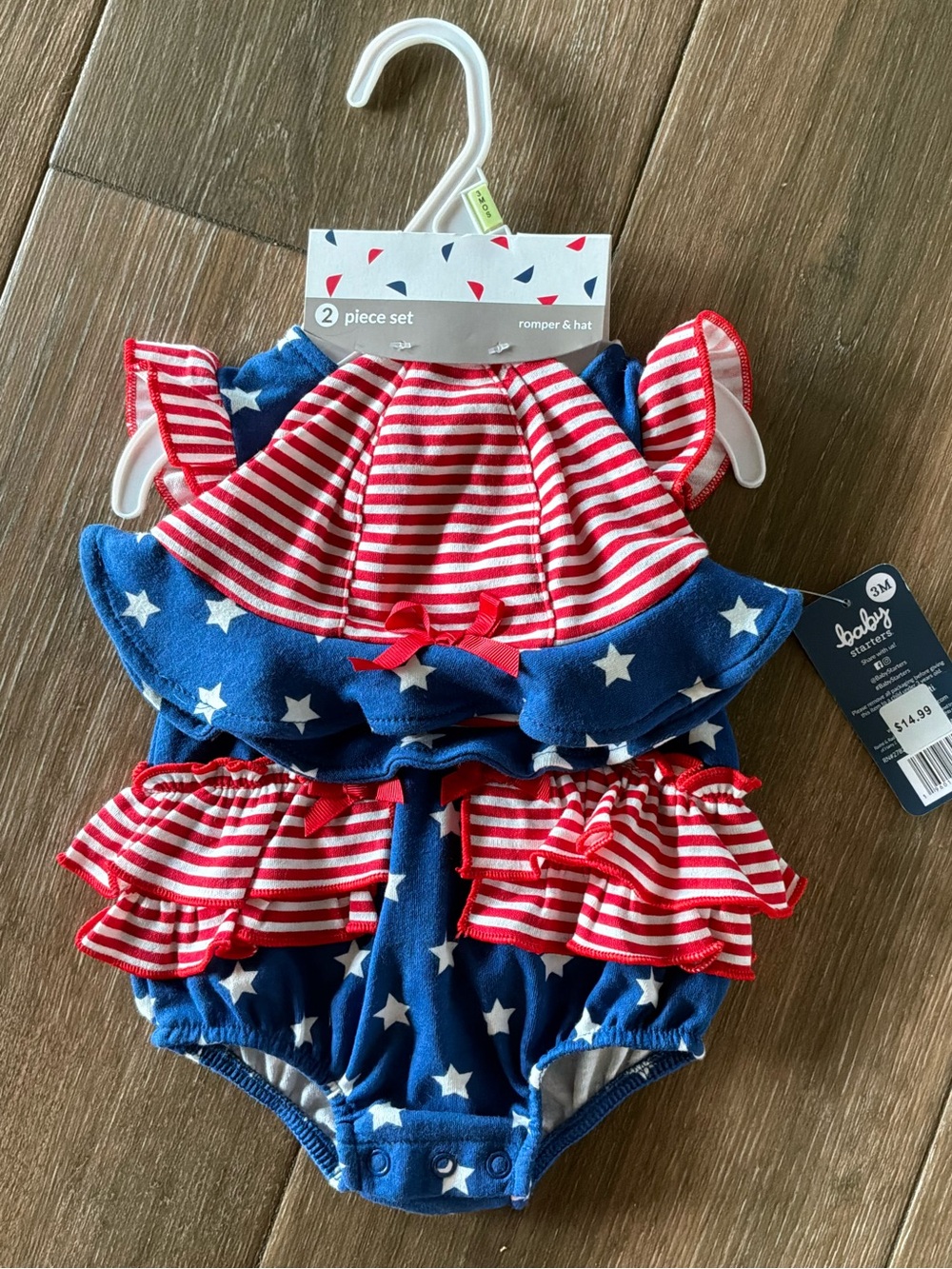 NWT America flag 4th of July 2 piece romper/hat 3 month